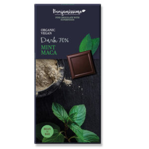 Σοκολάτα 70% με μέντα και μάκα vegan bio benjamissimo 70gr σε μωβ χυσκευασία