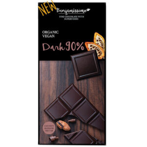 Σοκολάτα με 90% μαύρη σοκολάτα χωρίς ζάχαρη vegan bio benjamissimo 70gr σε μαύρη συσκευασία
