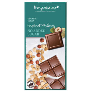Σοκολάτα χωρίς ζάχαρη με φουντούκια και λευκά μούρα bio benjamissimo 70gr σε πράσινη συσκευασία
