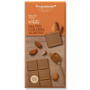 Σοκολάτα εναλλακτική της λευκής με καβουρδισμένα αμύγδαλα και νέκταρ καρύδας vegan bio benjamissimo 70gr σε πορτοκαλί συσκευασία