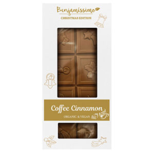 Σοκολάτα με γεύση καφέ χωρίς καφεΐνη και κανέλα bio benjamissimo 60gr σε λευκή συσκευασία