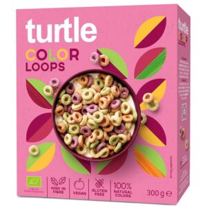 Τραγανά Δακτυλίδια Πολύσπορων Δημητριακών με Φυσικές Χρωστικές Ύλες Vegan Bio Turtle 300gr σε ροζ συσκευασία