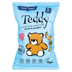Vegan Γαριδάκια με Καρότο και Κολοκύθα Teddy Bio McLloyd's 30g σε γαλάζιο σακουλάκι με ρίγες και σκίτσο ένα αρκουδάκι
