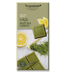 Βιολογική vegan λευκή σοκολάτα με matcha και άρωμα λεμονιού bio benjamissimo 70gr σε πράσινο κουτάκι